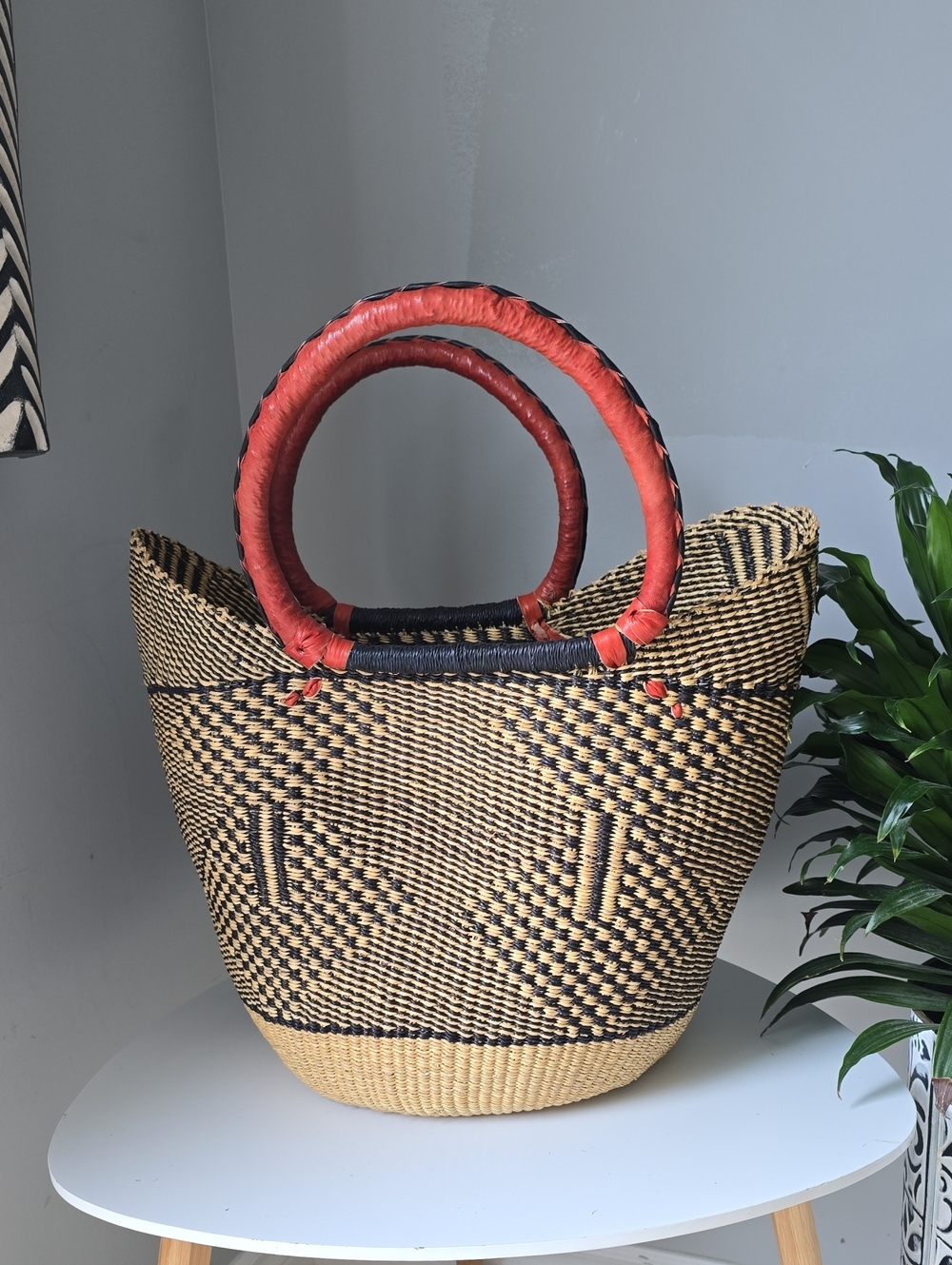 115 Handwoven Strorage Basket and Brown Leather Handles